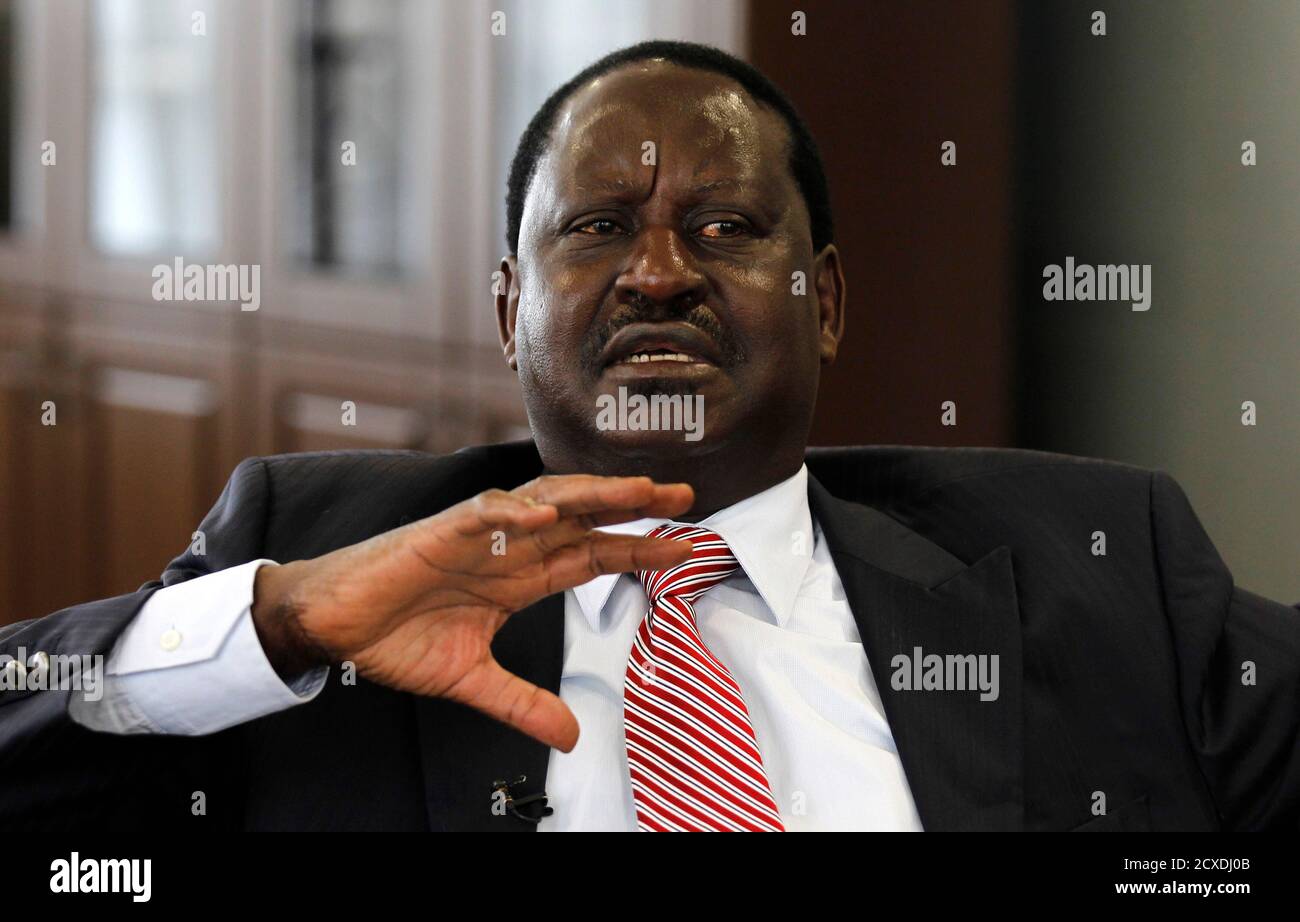 Kenya's former Prime Minister and opposition leader Raila Odinga talks during an interview with Reuters inside his office at the Capitol Hill Square in Nairobi, June 24, 2014. Odinga demanded on Tuesday a national dialogue by July 7 and sought a timetable to pull Kenyan troops out of Somalia, hours after a fresh attack on the coast killed five people. To match Reuters interview KENYA-ATTACKS/POLITICS REUTERS/Thomas Mukoya (KENYA - Tags: POLITICS) Stock Photo