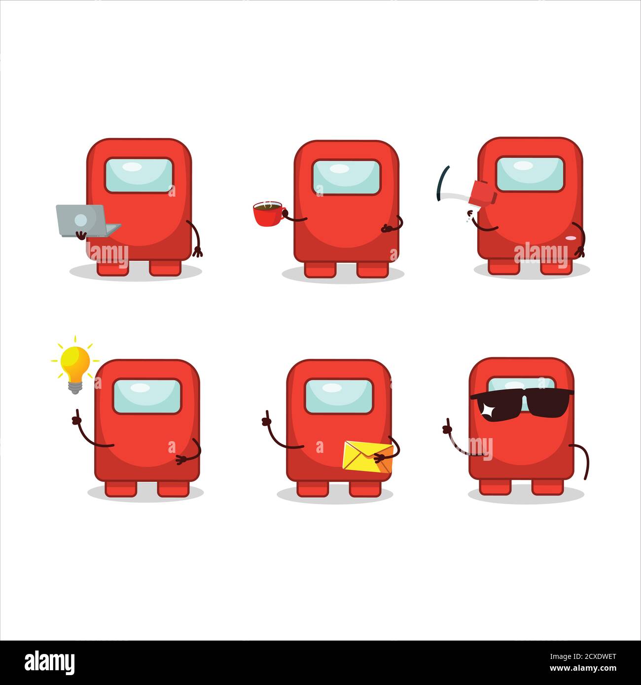 Among us red cartoon character with various types of business emoticons Stock Vector