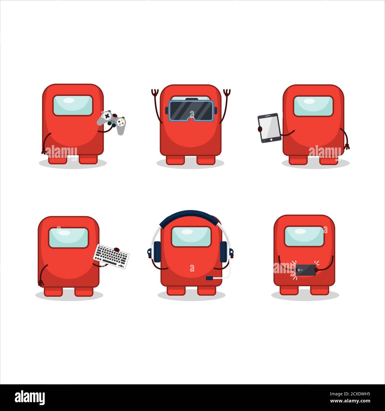 Among us red cartoon character are playing games with various cute emoticons Stock Vector