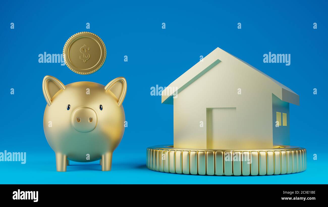 3d rendered illustration of a gold piggy bank with a model house on a ...