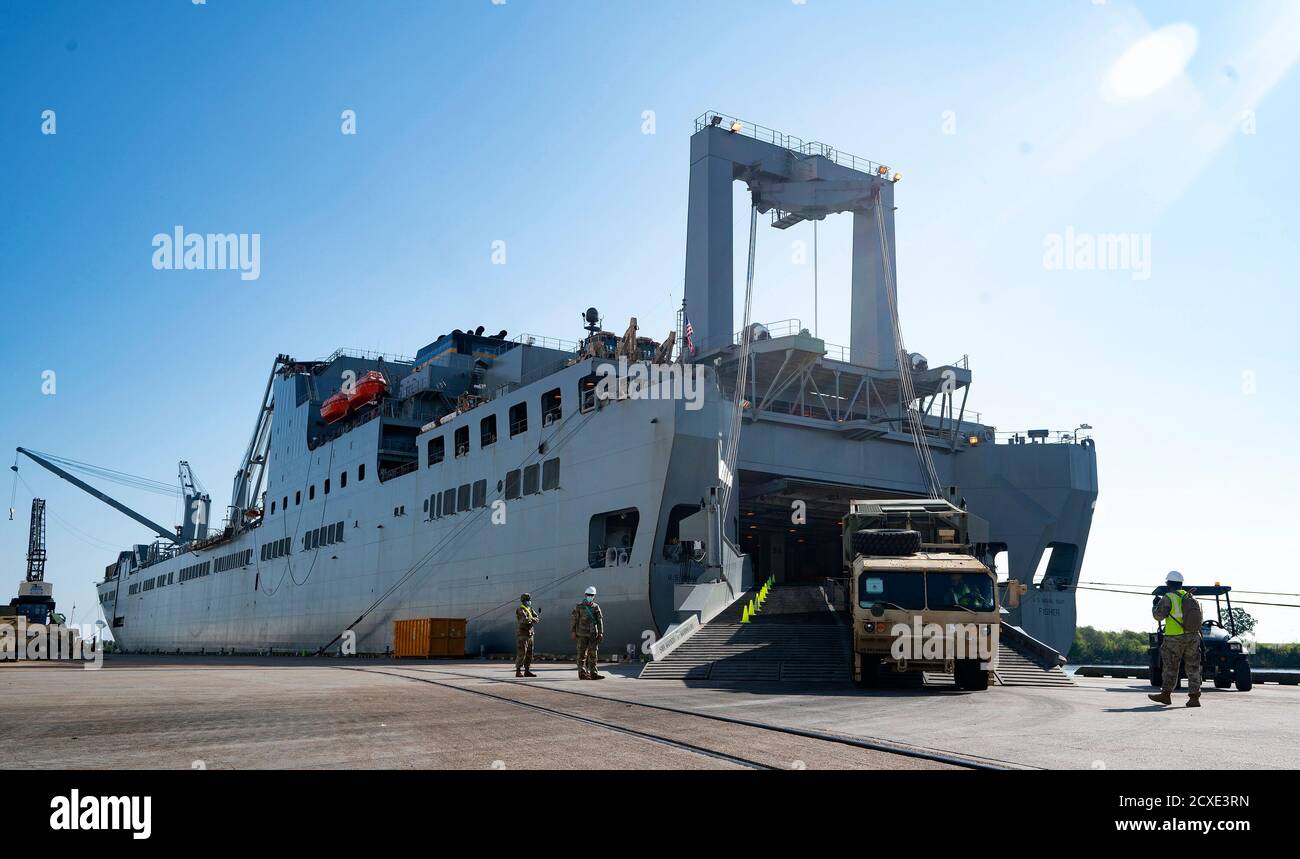A Modular Fuel System vehicle leaves the Large, Medium- Speed, Roll-on/Roll-off Fisher ship after soldiers offloaded cargo during the Joint Readiness Exercise 20, at the Port of Port Arthur, Texas, Sept. 26, 2020.  Soldiers offloaded approximately 2,000 pieces of cargo from two LMSR ships, USNS Fisher and Brittin. (Photo by Michelle Gigante) Stock Photo