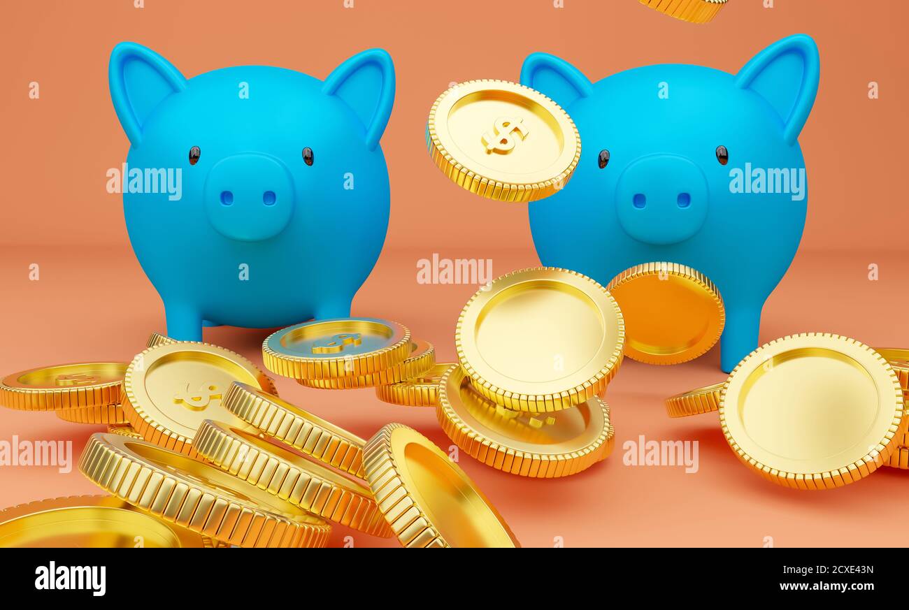 3d rendered illustration of two blue piggy banks and falling golden ...