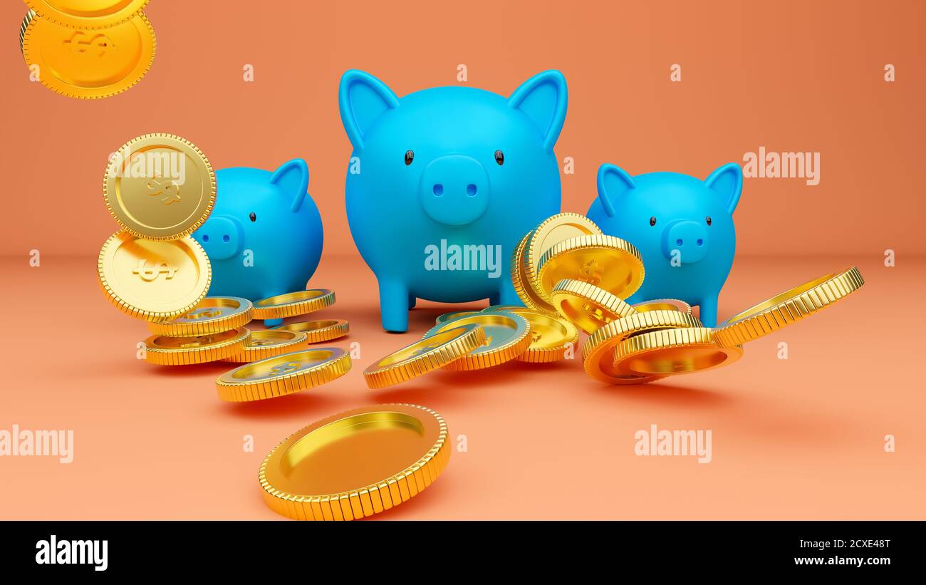 3D rendered illustration of three blue piggy banks and falling golden ...