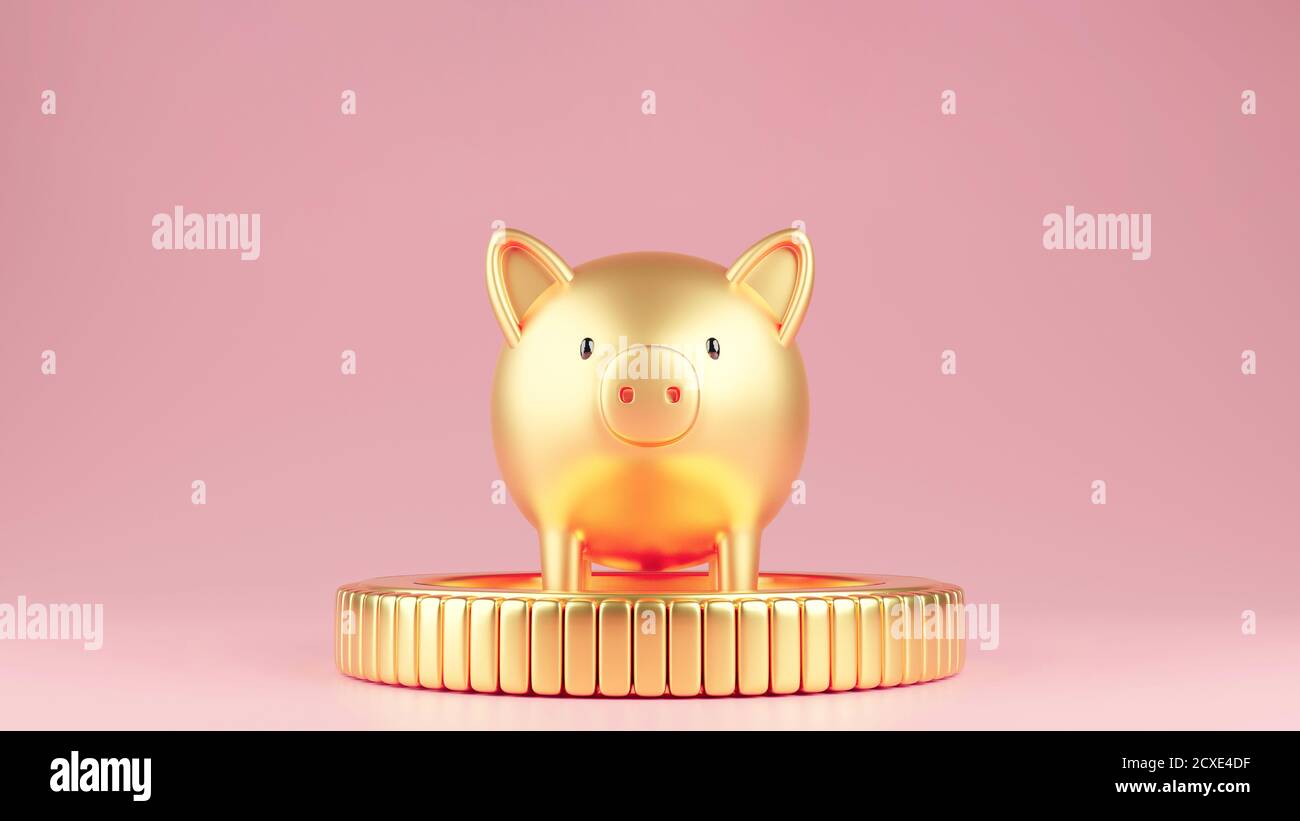 3d rendered illustration of a gold piggy bank standing on a large gold ...