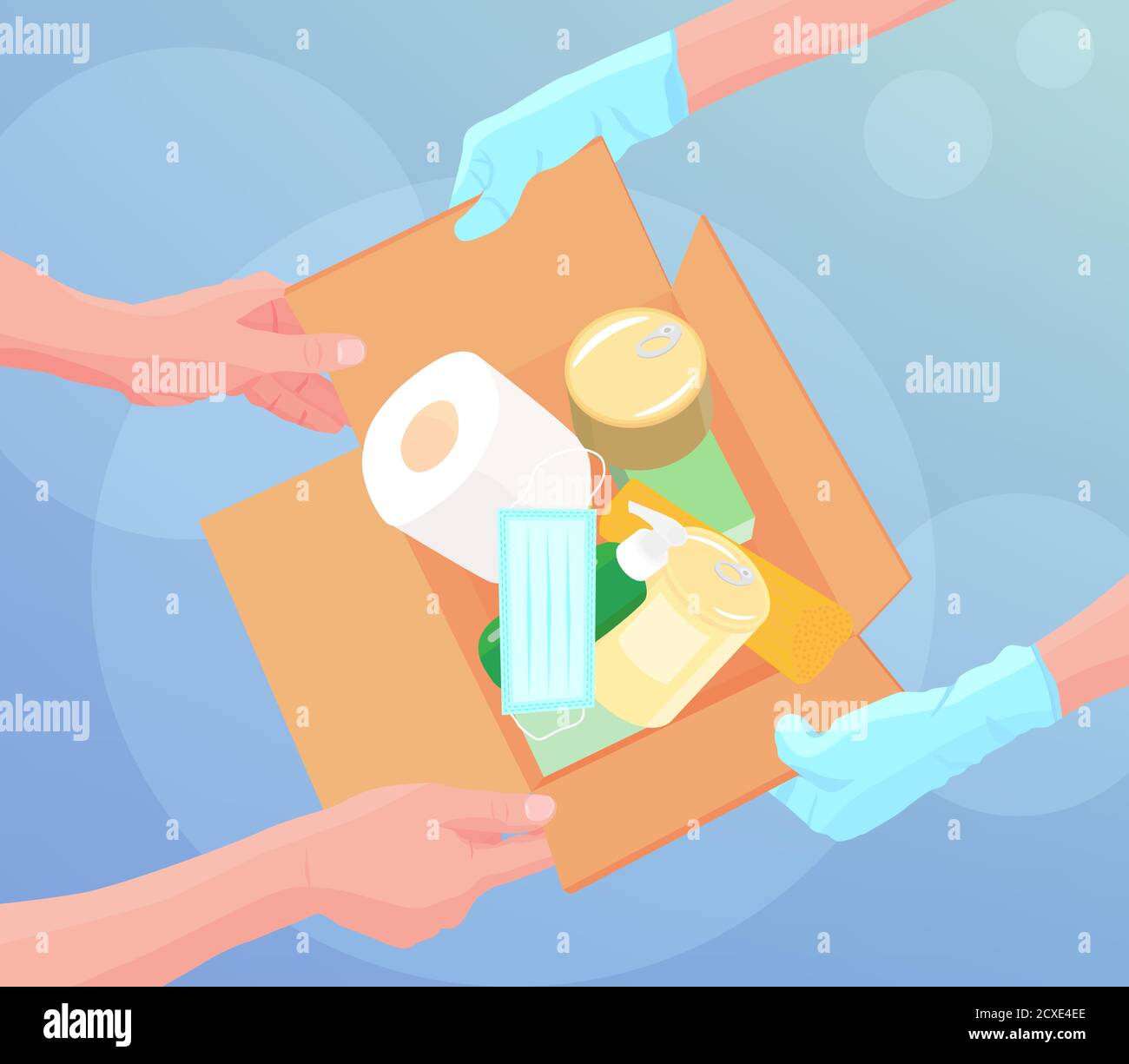 Safe food delivery during the quarantine and coronavirus influenza outbreak. Hands in latex gloves. Box with donation goods. Stay home, online Stock Vector