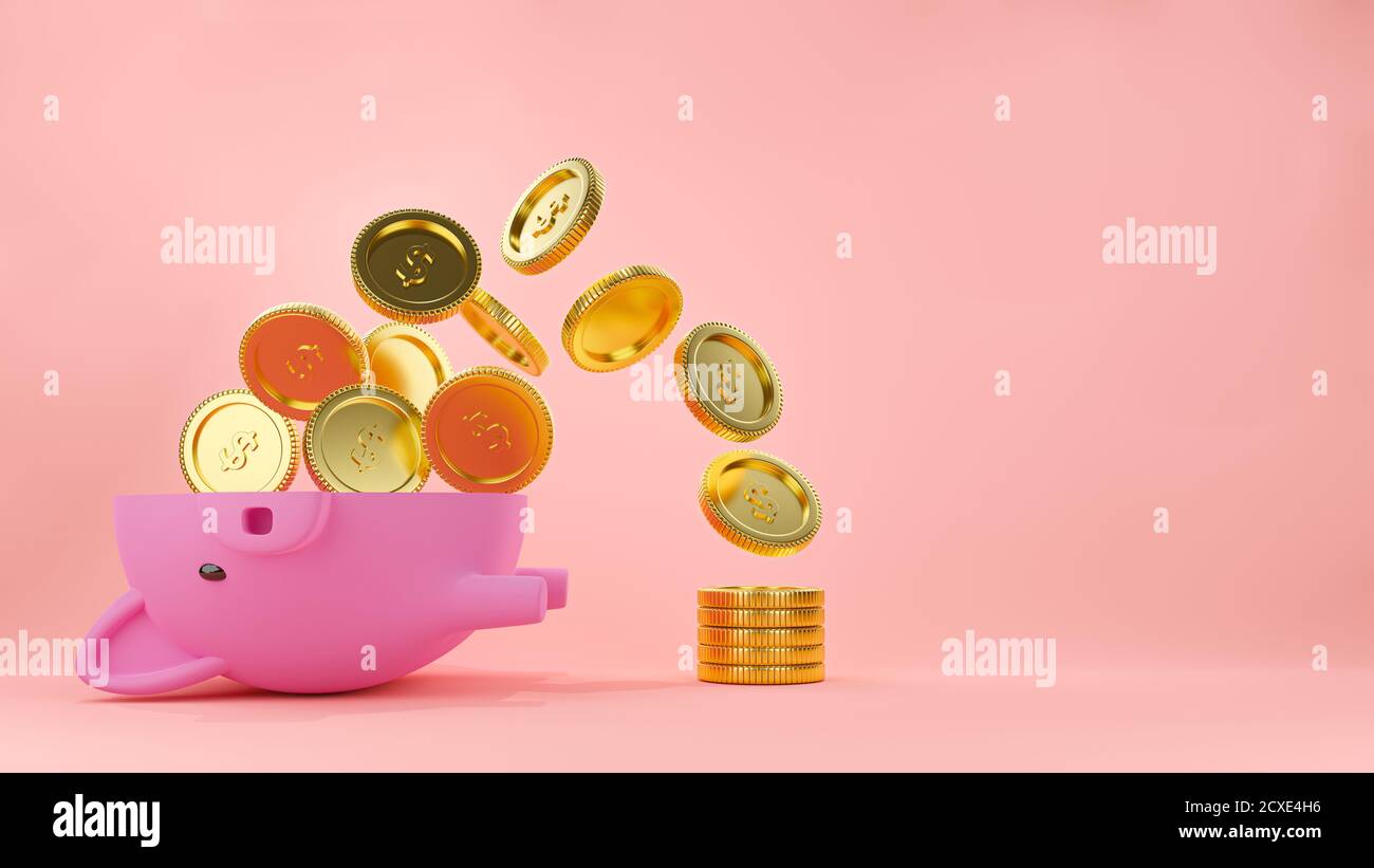 3d rendered illustration of a halved pink piggy bank with gold coins ...