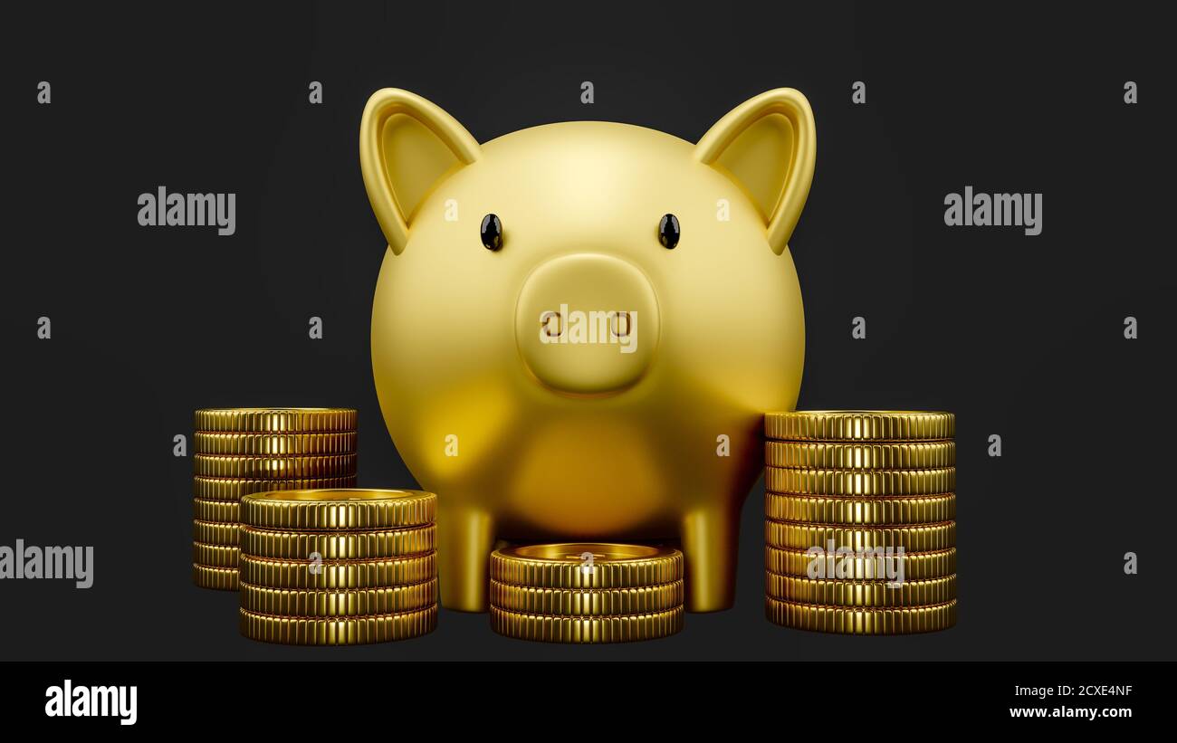 3D render illustration of a gold piggy bank with stacks of gold coins ...