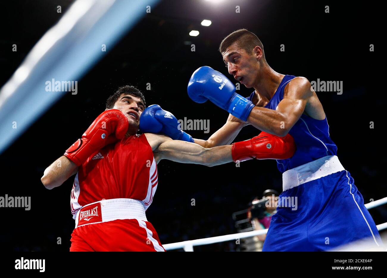 Narek Abgaryan (L) of Armenia and Viliam Tanko of Slovakia fight during  their 52kg men's Fly weight boxing quarterfinals fight at the 1st European  Games in Baku, Azerbaijan, June 23 , 2015.