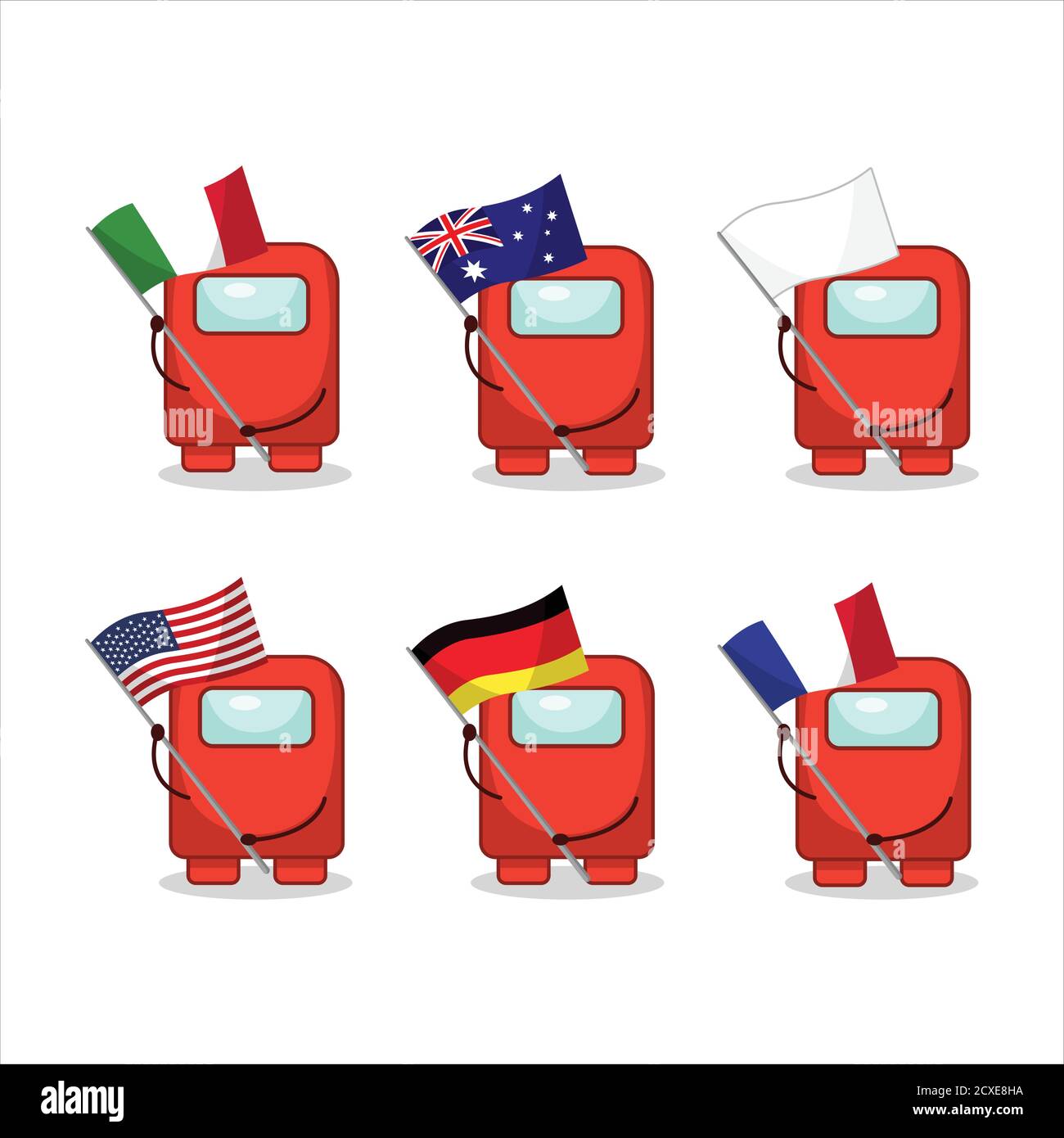 Among us red cartoon character bring the flags of various countries Stock Vector