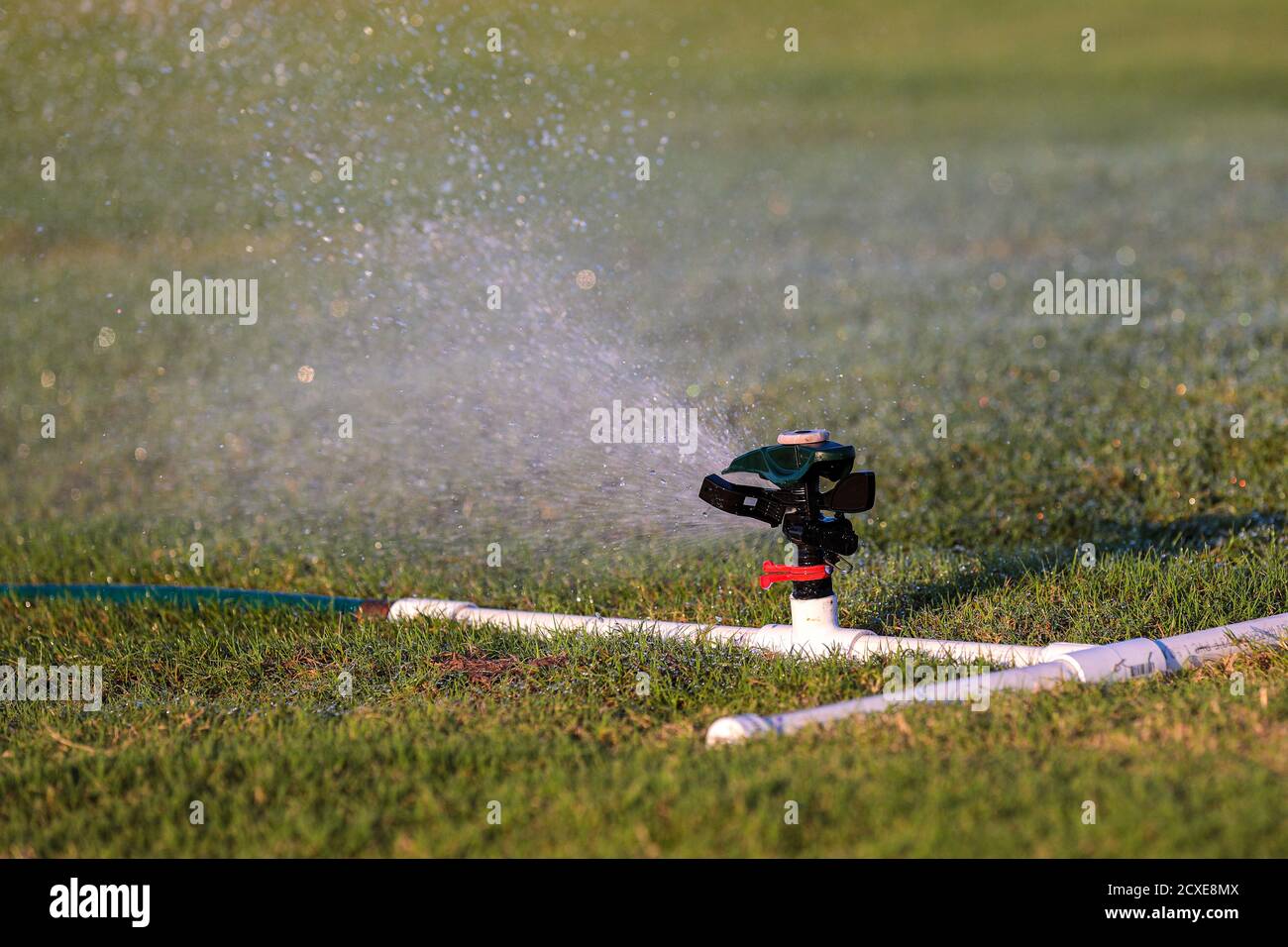 Up close photo of an automatic impact water sprinkler mounted on a