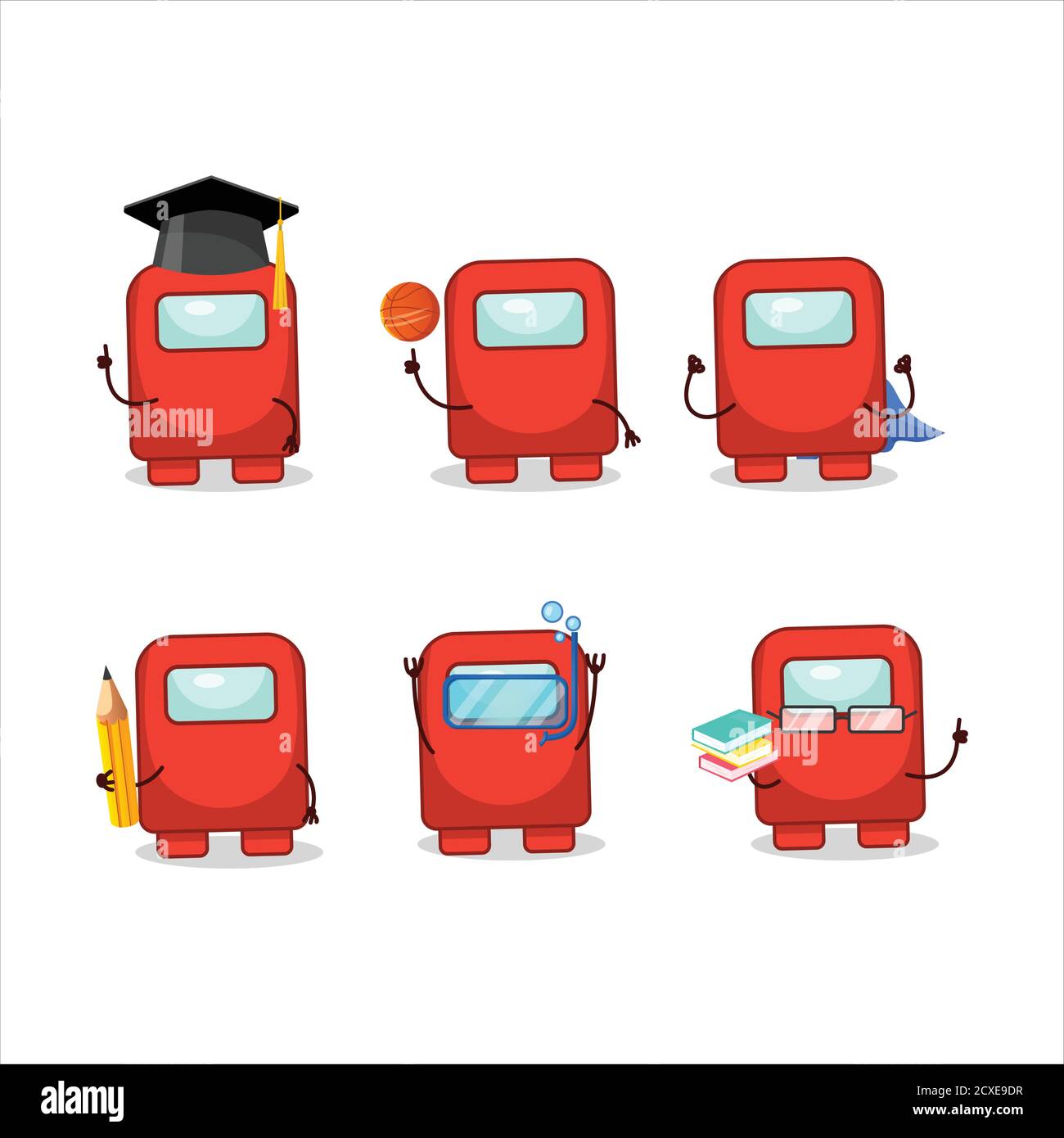 School student of among us red cartoon character with various expressions Stock Vector