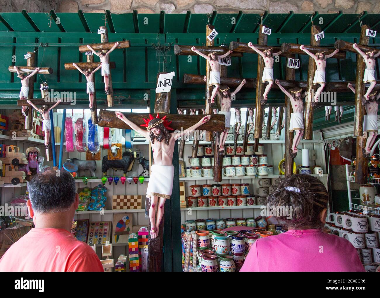 Religious Market Selling Jesus on the Cross in Morelia, Mexico Stock Photo