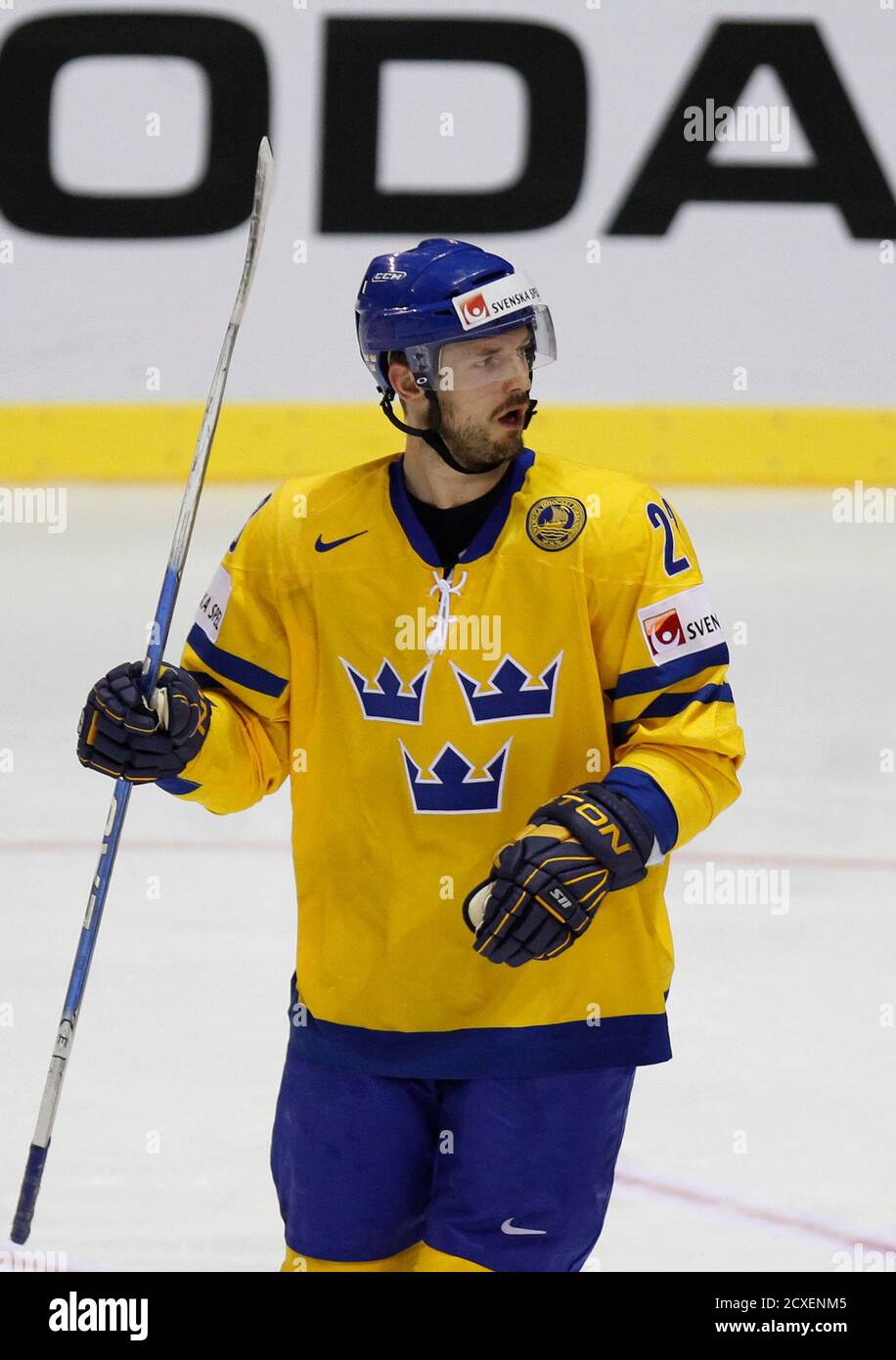 Niklas Persson of Sweden reacts after he scored his second goal against  Austria during their preliminary round Group C game at the Ice Hockey World  Championships in Kosice, May 2, 2011. REUTERS/Petr