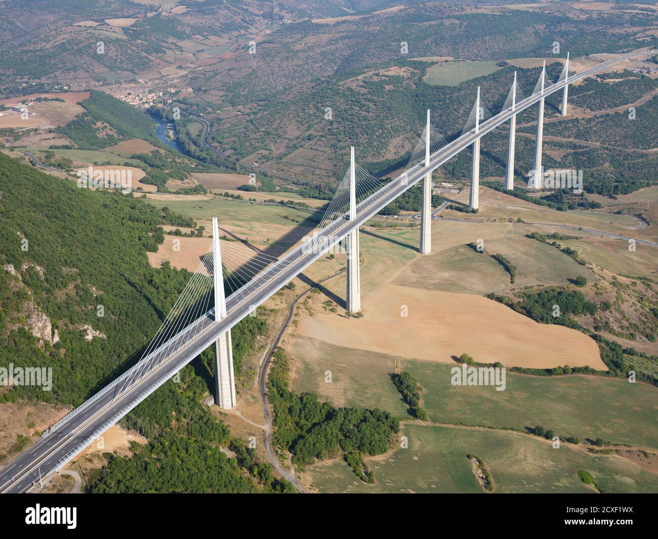 AERIAL VIEW. Millau Viaduct, at 336 meters above the Tarn River, it is the world's tallest bridge as of 2020. Millau, Aveyron, Occitanie, France. Stock Photo