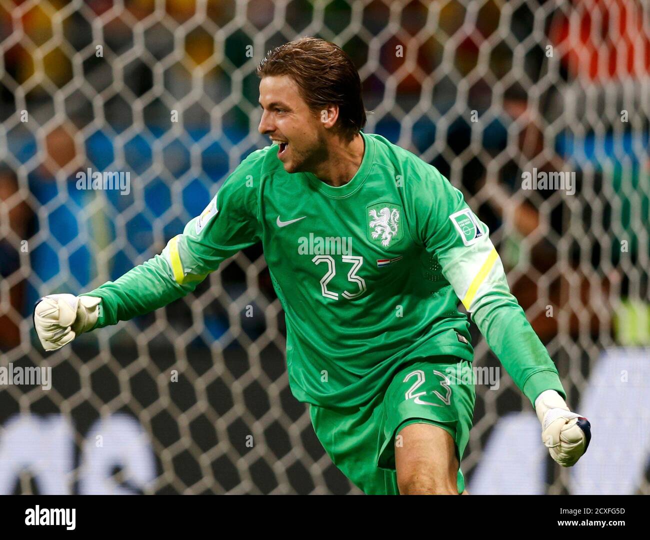 Goalkeeper Tim Krul of the Netherlands celebrates saving the last penalty  shot against Costa Rica during a penalty shootout in their 2014 World Cup  quarter-finals at the Fonte Nova arena in Salvador