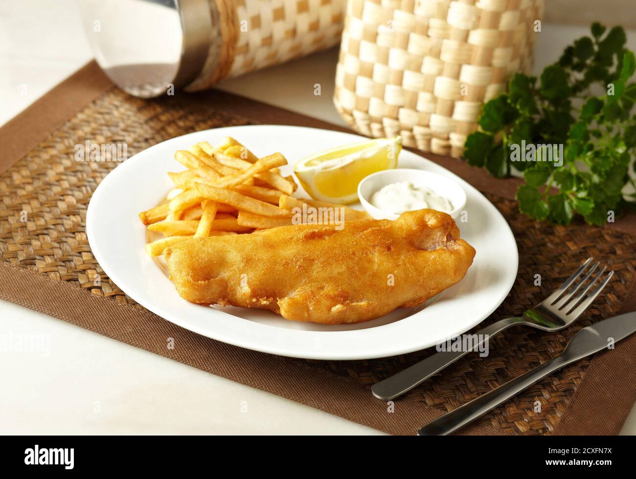 Fish and chips with french fries Stock Photo