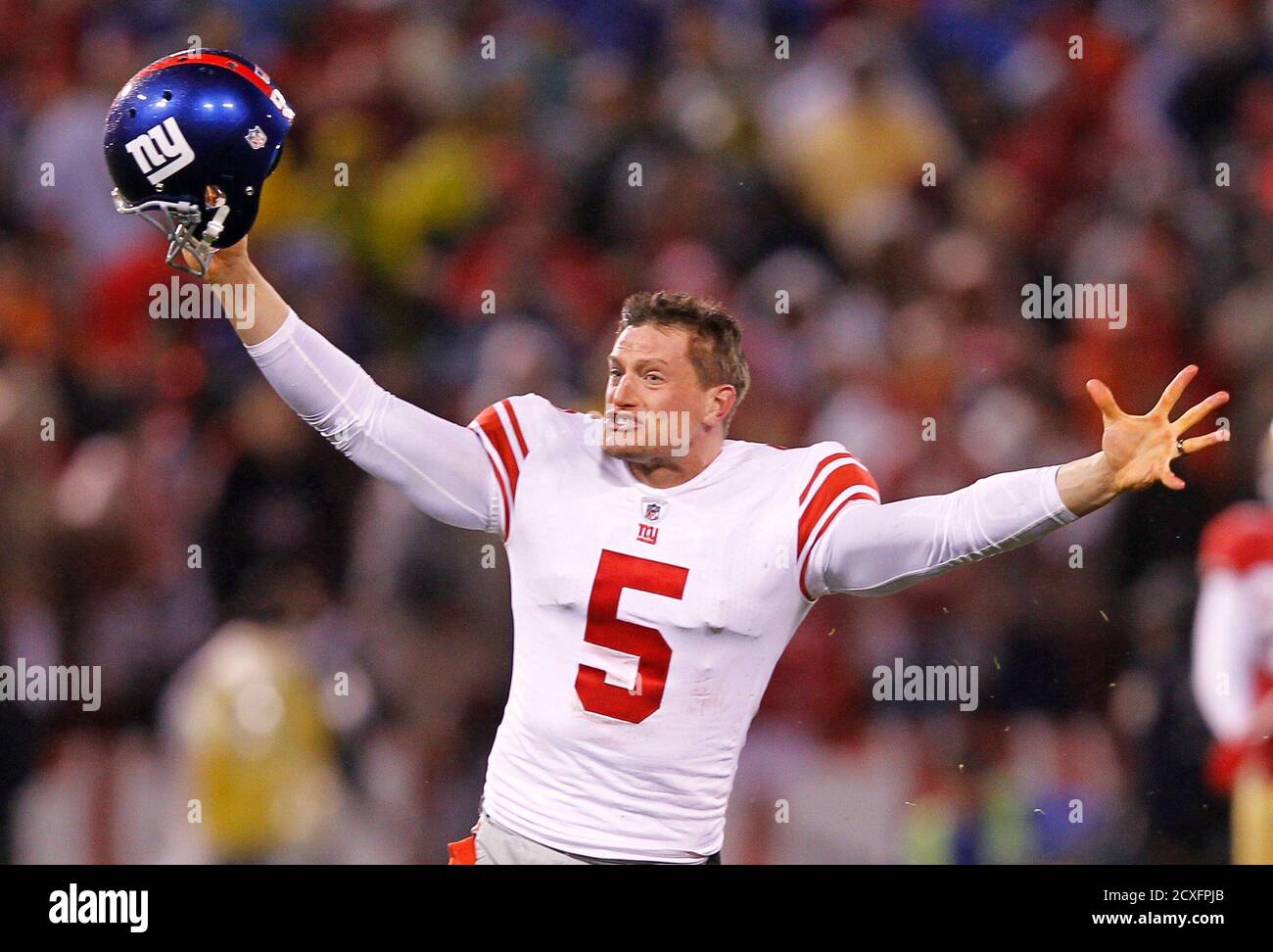 New York Giants holder Steve Weatherford celebrates after the Giants defeated the San Francisco 49ers in overtime in the NFL NFC Championship game in San Francisco, California, January 22, 2012.  REUTERS/Mike Blake (UNITED STATES  - Tags: SPORT FOOTBALL) Stock Photo