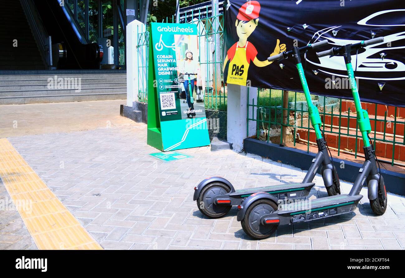 Jakarta, Indonesia November 11, 2019 GrabWheels eScooters rental in