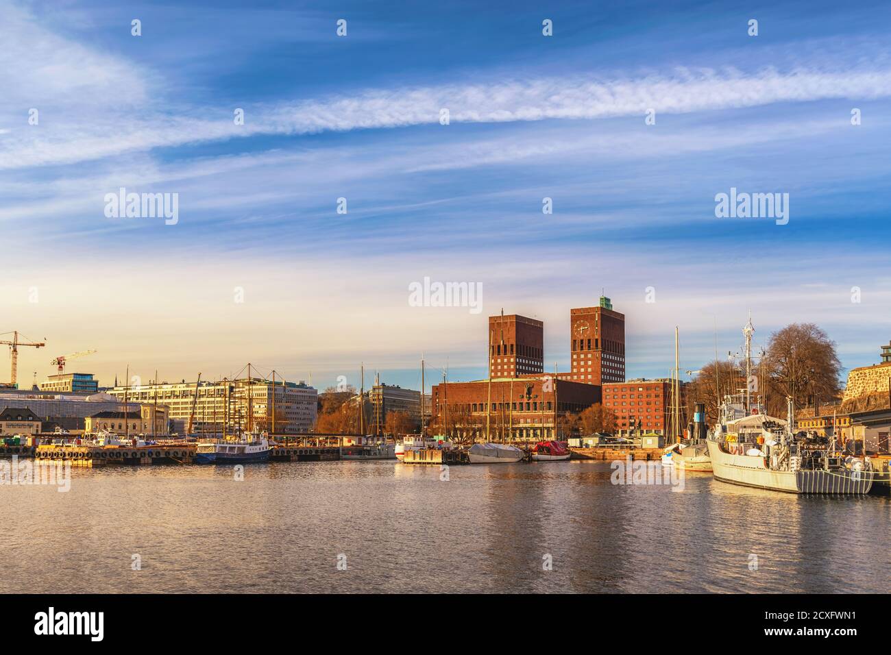 Oslo Norway, city skyline at Oslo City Hall and harbour Stock Photo
