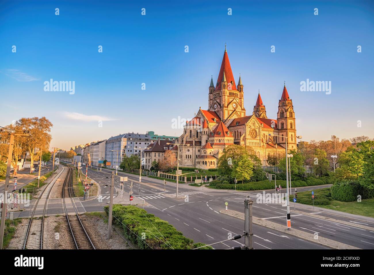 Vienna Austria city skyline at St. Francis of Assisi Church Stock Photo