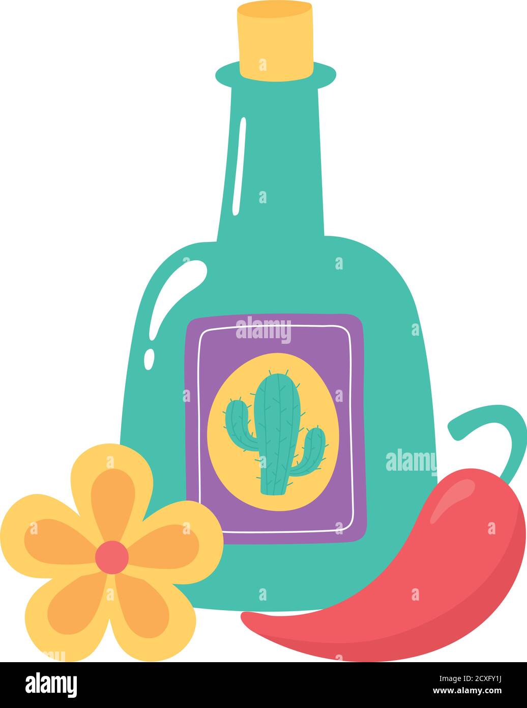 day of the dead, tequila bottle flower and chili pepper mexican