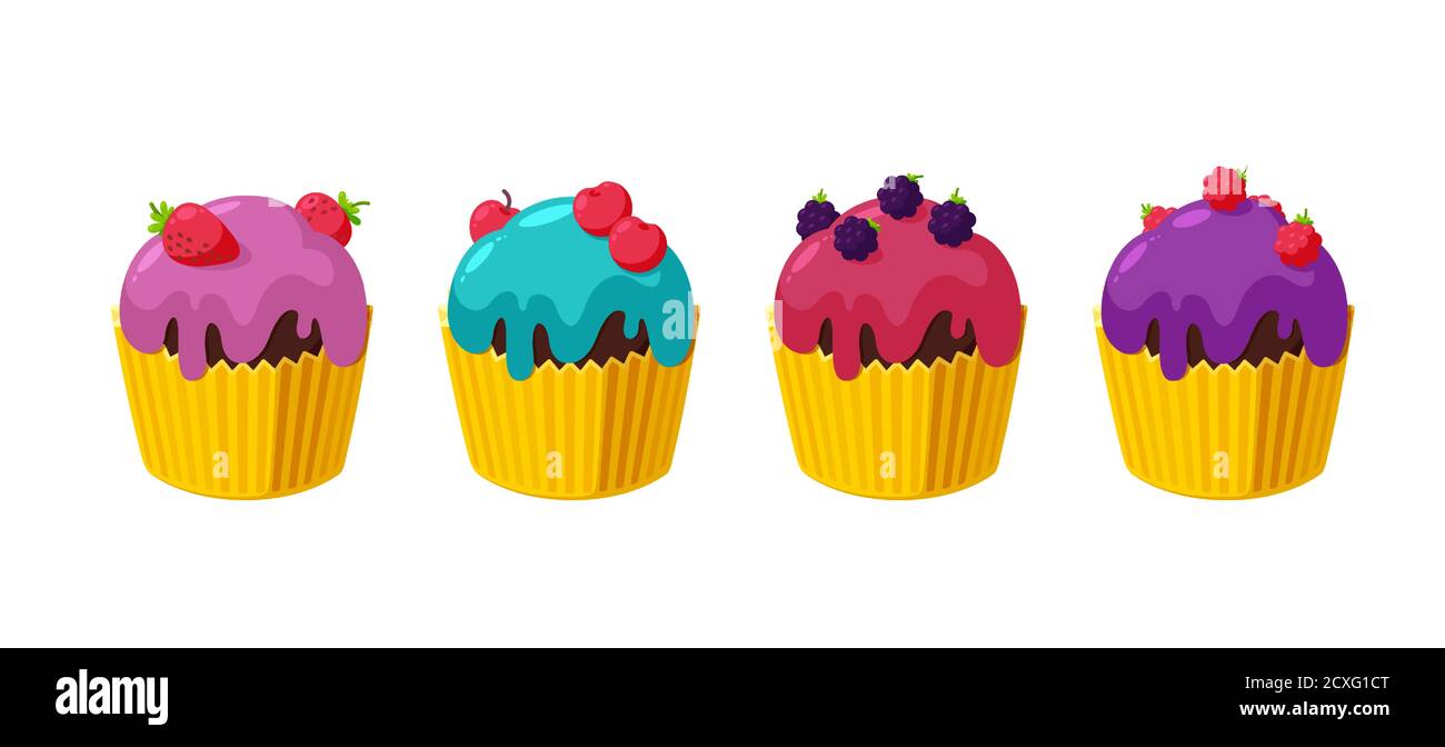 Cupcakes with cherry, raspberry, blackberry and strawberry. Set of muffins in paper cup. Tasty desserts with shiny frosting. Vector illustration in Stock Vector