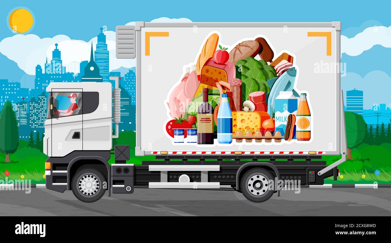 Truck car full of food products. Shop and farm delivering service. Delivery  and selling grocery products concept. Meat, milk, bread, vegetables. Cargo  and logistic. Cartoon flat vector illustration Stock Vector Image &