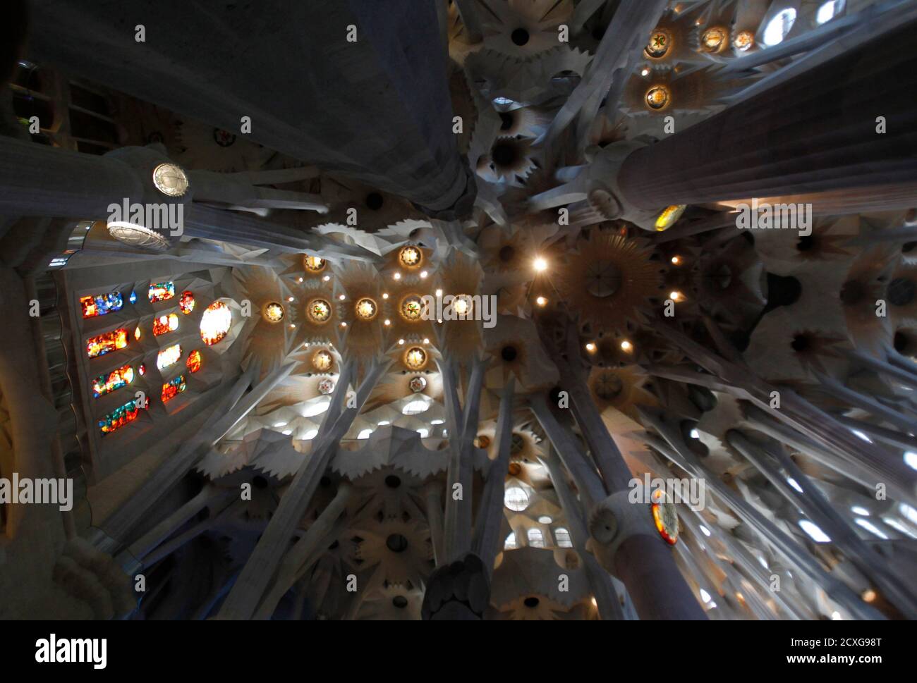 A view of Basilica Sagrada Familia's ceiling during the 'Atrio de los Gentiles', a dialogue between Christians and pagans, in Barcelona, May 18, 2012. REUTERS/Albert Gea (SPAIN - Tags: RELIGION) Stock Photo