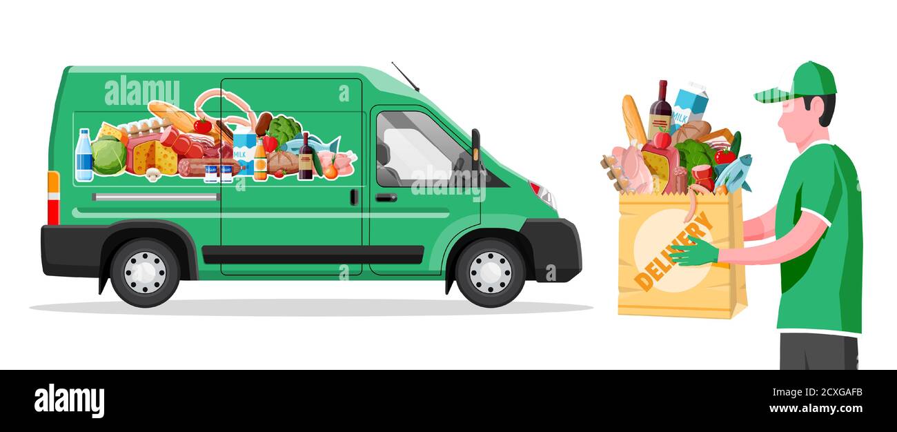 Delivery van full of food and courier. Concept of fast grocery delivery service. Supermarket