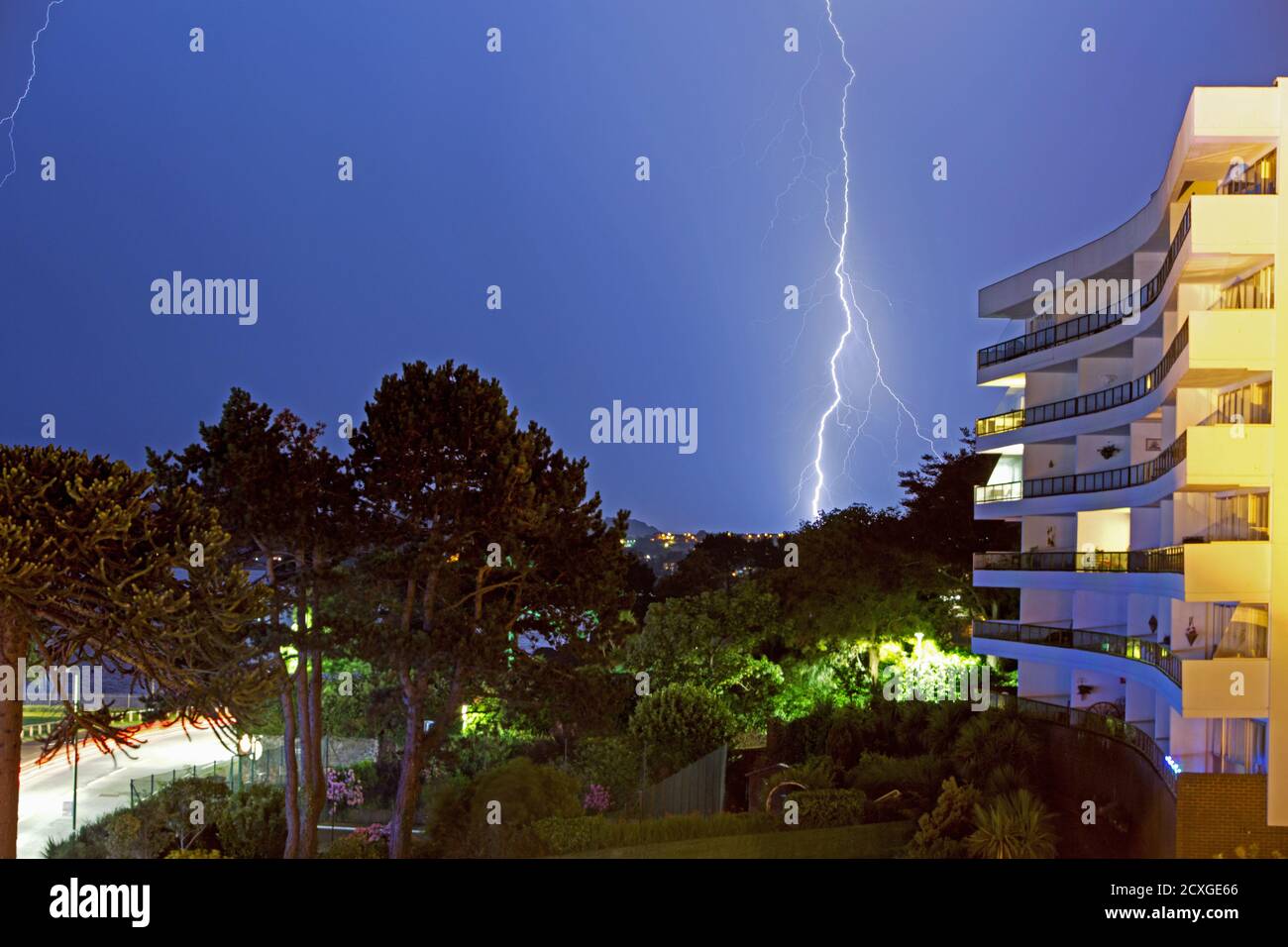 Lightning Strike next to The Grand Hotel in Torquay, Stock Photo