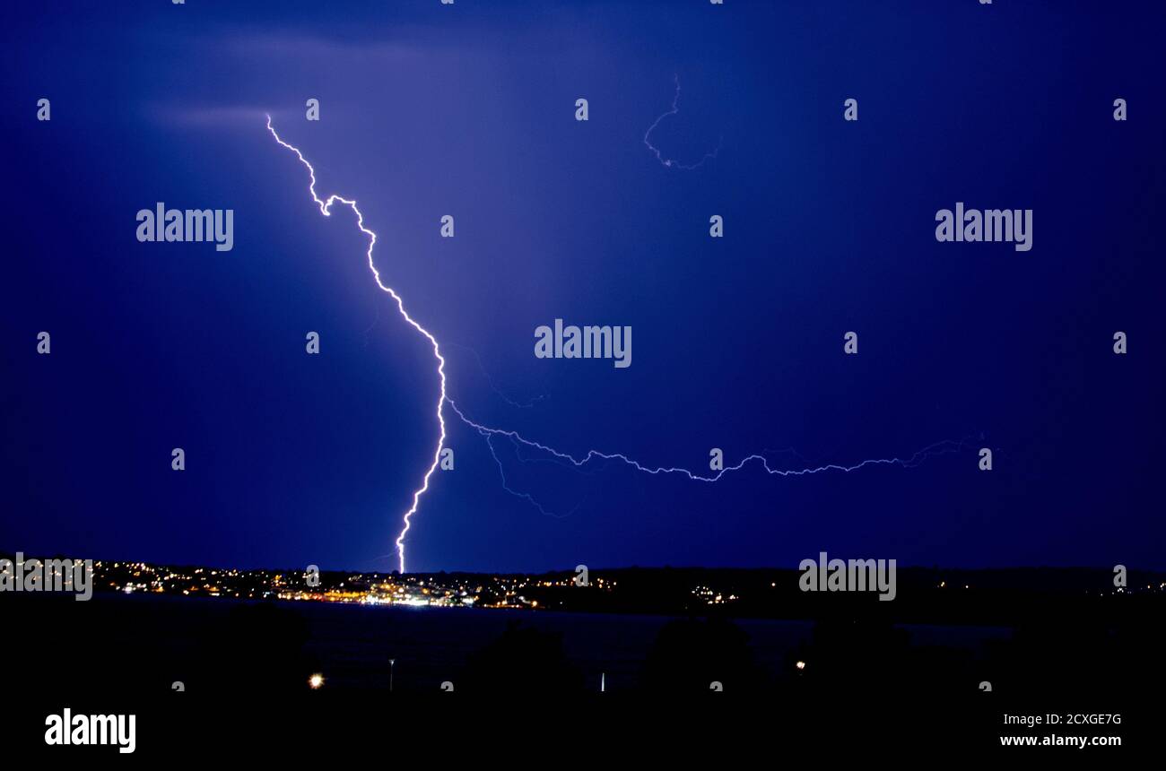Fork Lightning over Torquay Harbour. Thunderstorm with zig zag lighting