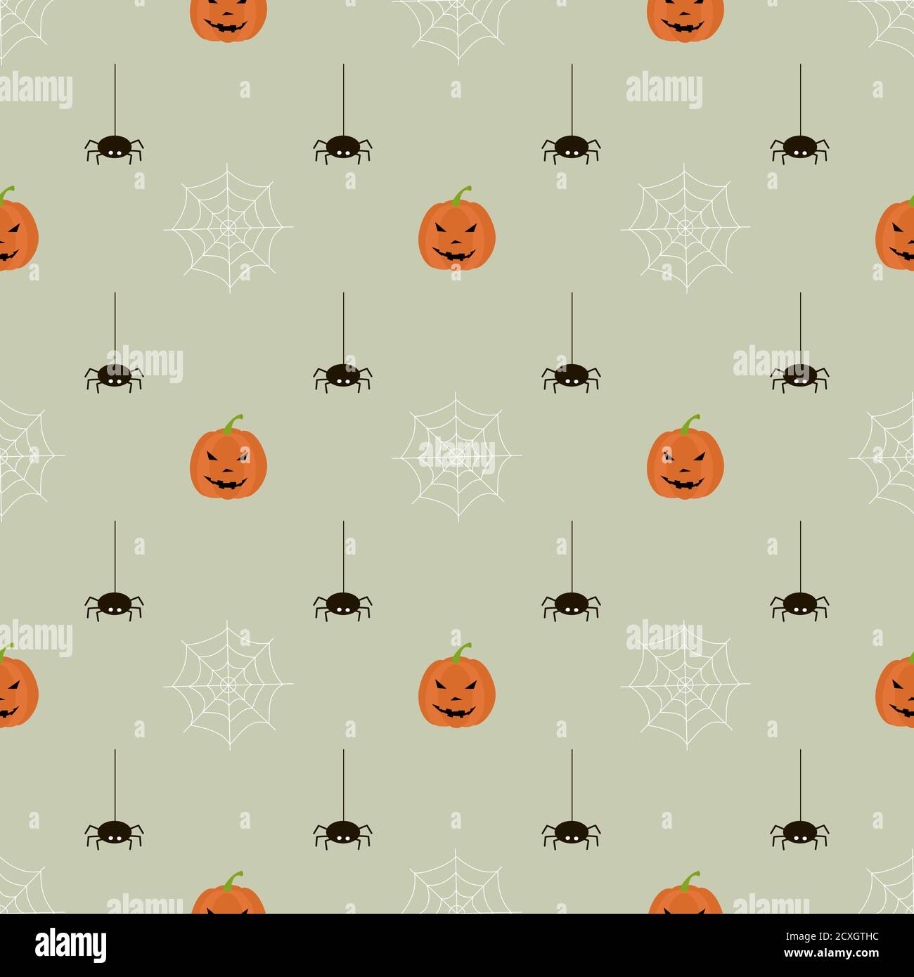 Flat vector illustration. Halloween seamless pattern with pumpkin, cobwebs and spiders. Use for web, notepad, background, paper. Stock Vector