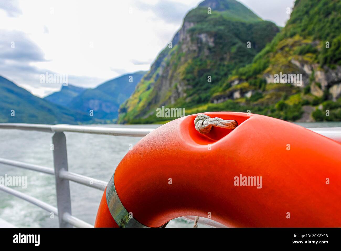 Lifebuoy on boat in Aurlandsfjord Aurland Sognefjord, Norway. Stock Photo