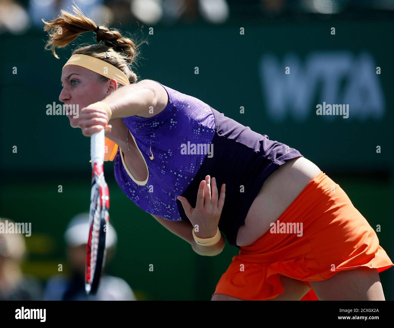 Petra Kvitova of the Czech Republic serves against Olga Govortsova of  Belarus during their match at the BNP Paribas Open WTA tennis tournament in  Indian Wells, California, March 8, 2013. REUTERS/Danny Moloshok (
