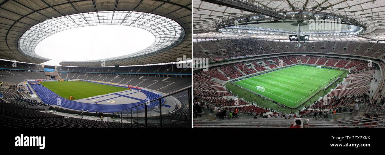 File photos of (L) the Olympic stadium in Berlin August 11, 2009, and (R)  the National Stadium in Warsaw April 17, 2012. Berlin will stage the Champions  League final for the first