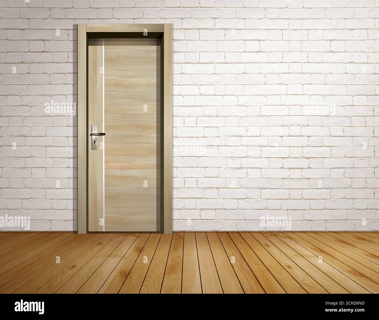 Empty white brick wall in interior with modern door Stock Photo