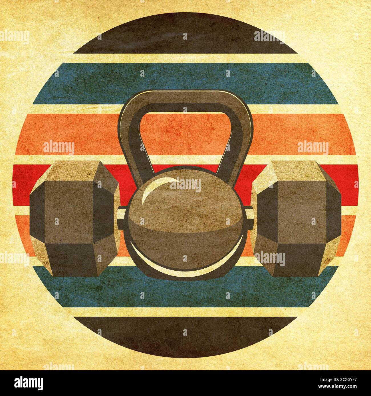 Abstract fitness themed retro design, dumbbells and kettlebell paper ...