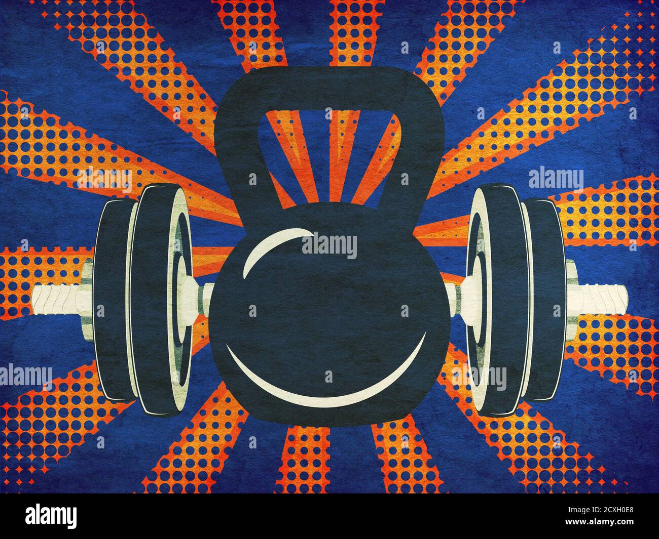 Abstract fitness themed retro design, dumbbells and kettlebell paper ...