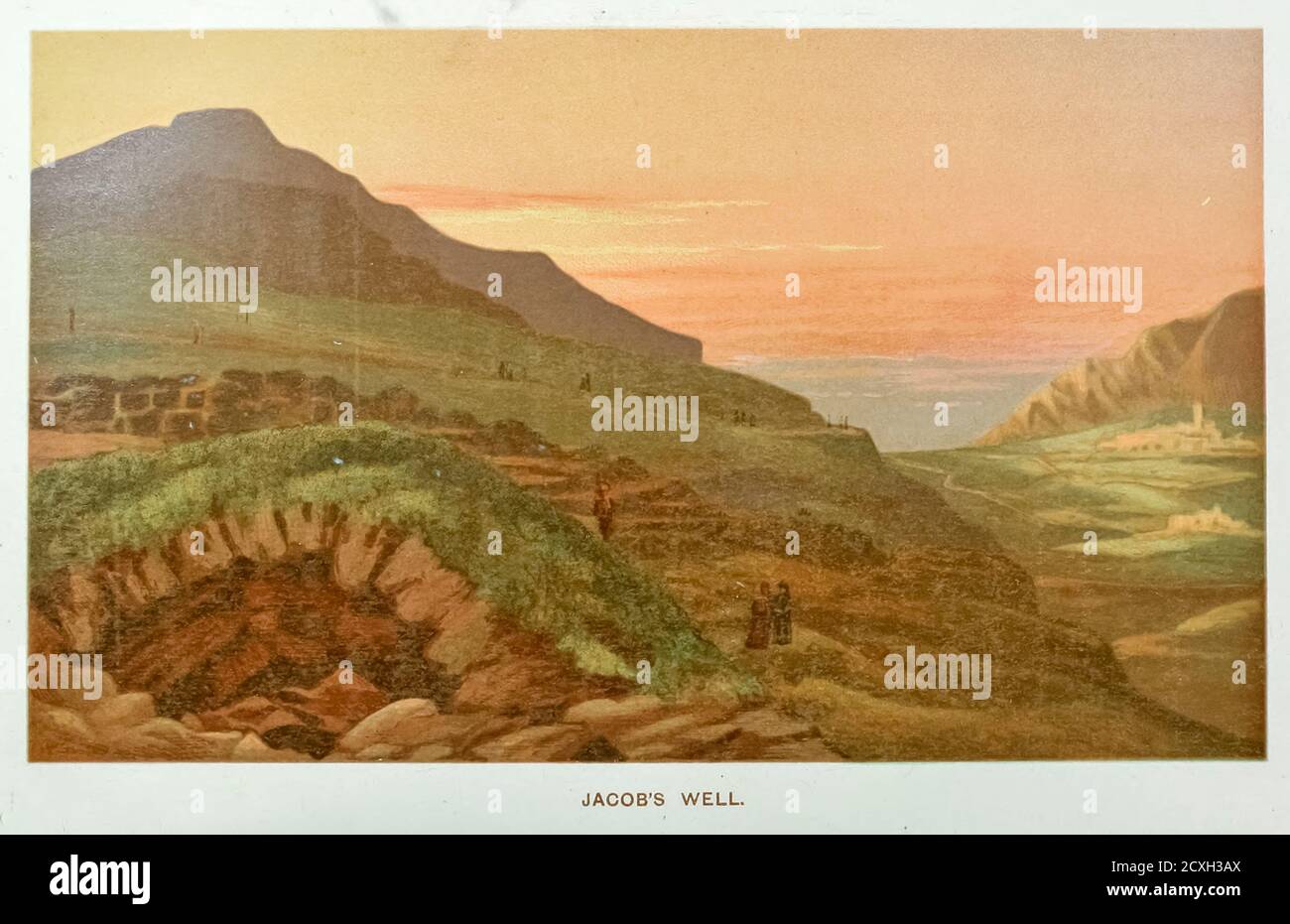 Jacob's Well [AKA Jacob's fountain and Well of Sychar is a deep well constructed from rock that has been associated in religious tradition with Jacob for roughly two millennia. It is situated a short distance from the archaeological site of biblical Shechem]. Coloured Illustration of from the book Palestine illustrated by Sir Richard Temple, 1st Baronet, GCSI, CIE, PC, FRS (8 March 1826 – 15 March 1902) was an administrator in British India and a British politician. Published in London by W.H. Allen & Co. in 1888 Stock Photo