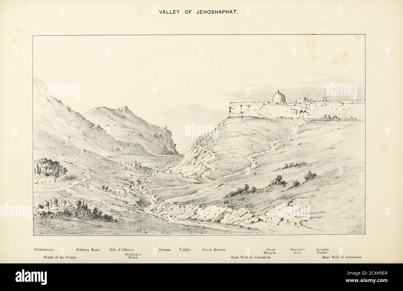 Valley of Jehoshaphat (Valley of Josaphat, Valley of Jehoshaphat and Valley of Yehoshephat) Lithograph of from the book Palestine illustrated by Sir Richard Temple, 1st Baronet, GCSI, CIE, PC, FRS (8 March 1826 – 15 March 1902) was an administrator in British India and a British politician. Published in London by W.H. Allen & Co. in 1888 Stock Photo