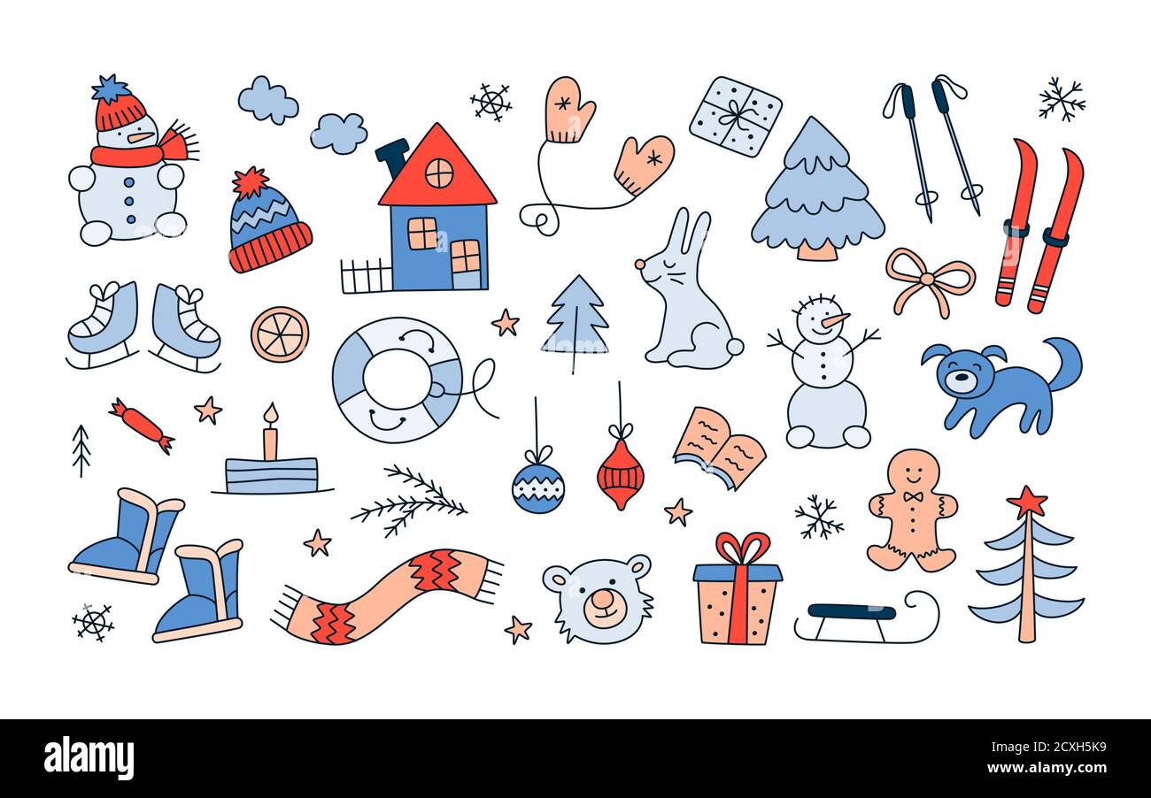 Set of winter christmas objects in doodle style. Hand drawn snowman ...