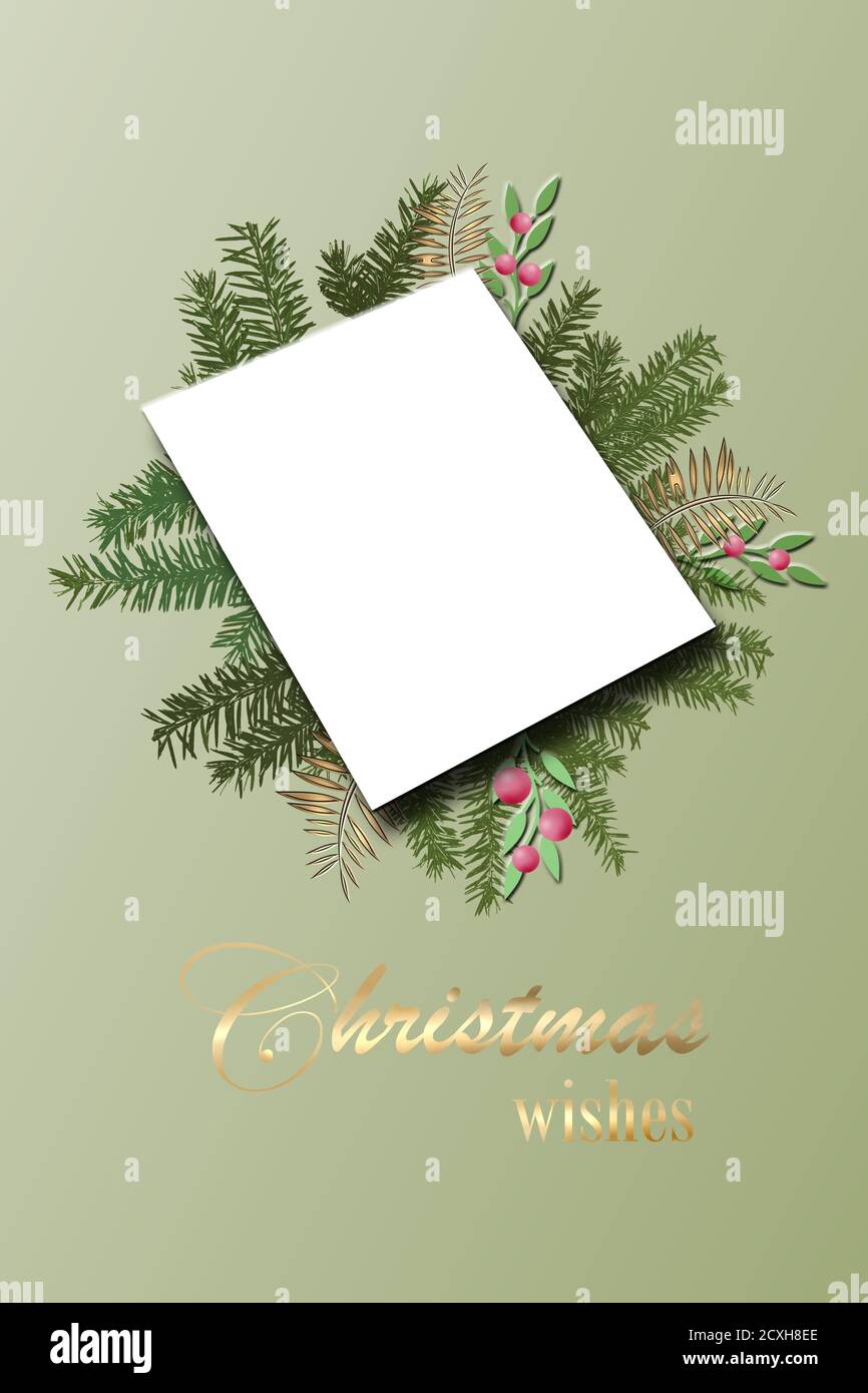 Elegant Merry Christmas Abstract Green Foliage Card With Paper Frame Banner In Pastel Colors Beautiful Festive Greeting Design Flat Lay Mockup Gold Text Christmas Wishes 3d Illustration Stock Photo Alamy