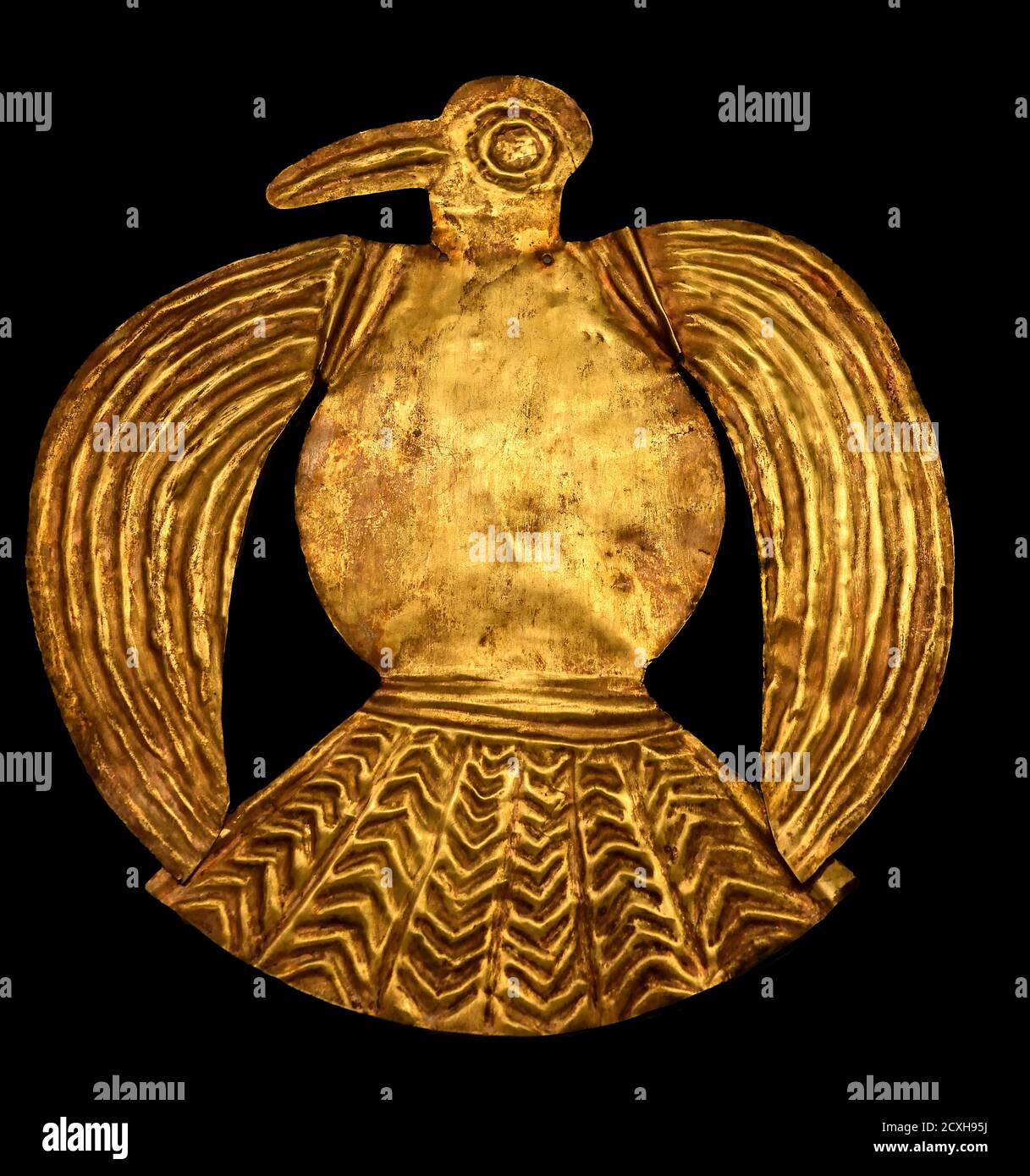 Gold Inca bird, 1400-1533 AD, Peru. Bird-shaped gold plate belonging to Inca Empire. Peru, Peruvian, , America, American, Stock Photo