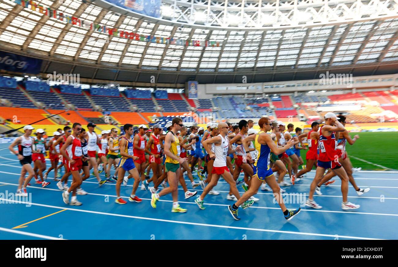 Athletes compete in the men's 50 km race walk final during the IAAF World  Athletics Championships at the Luzhniki stadium in Moscow August 14, 2013.  REUTERS/Denis Balibouse (RUSSIA - Tags: SPORT ATHLETICS