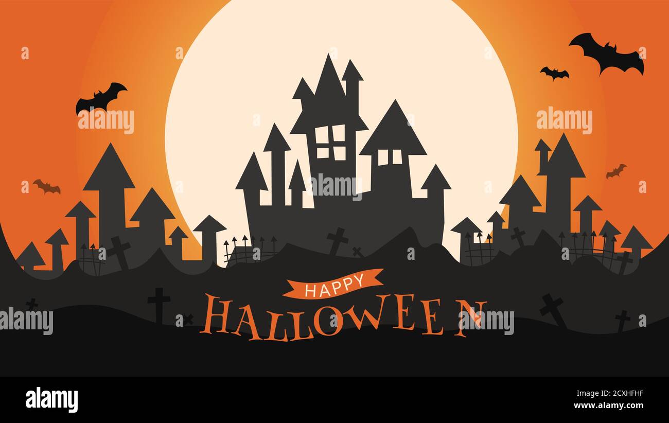 Halloween party with a full moon and the castle concept flat style background vector illustration Stock Vector