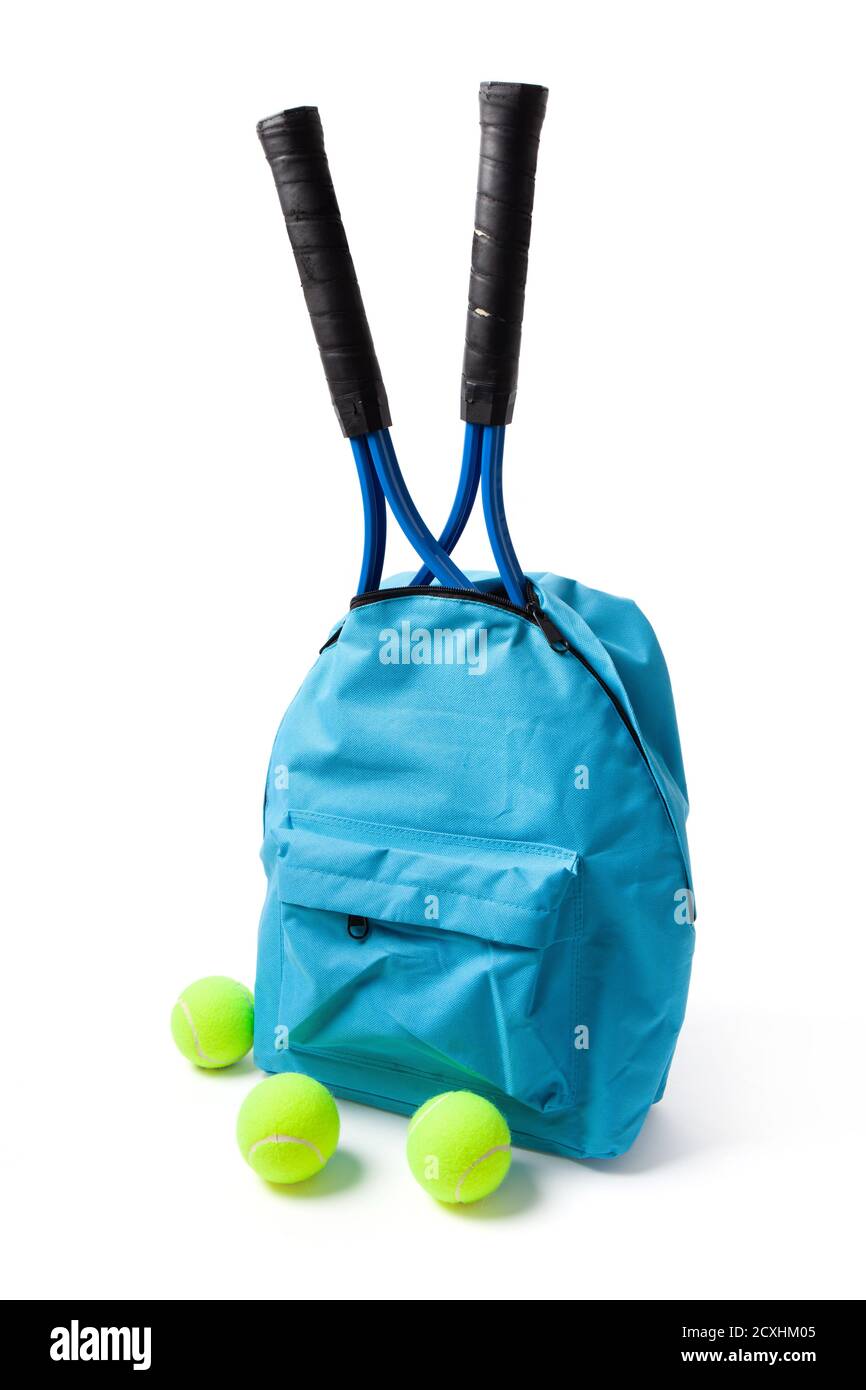 Bag with tennis rackets and balls isolated on white background Stock Photo