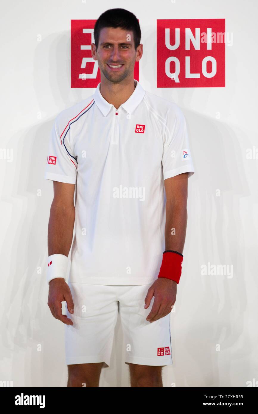 Tennis player Novak Djokovic of Serbia poses as he attends the presentation  of his new sponsorship deal with Uniqlo budget fashion chain in Paris May  23, 2012. Djokovic, appointed Uniqlo global brand