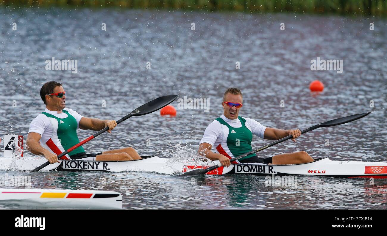 Rudolf Dombi and Roland Kokeny of Hungary react after finishing first in  the men's kayak double (K2) 1000m final at Eton Dorney at the London 2012  Olympics Games near London, August 8,