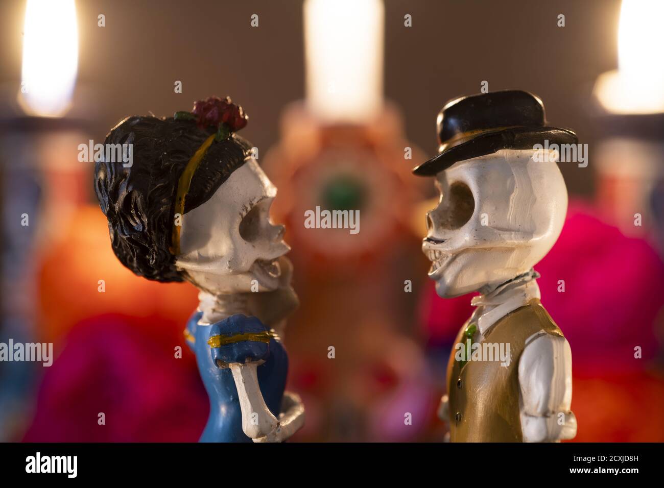 Closeup shot of two skeleton figurines for an offering of the day of the dead Stock Photo