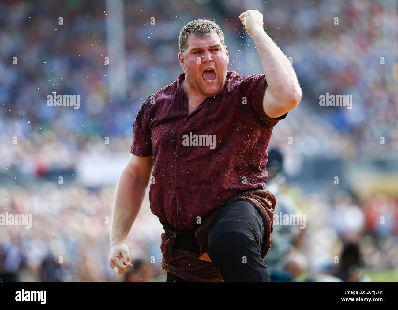 Swiss Alpine Wrestler Christian Stucki Reacts After Winning The Third Round Of The Federal Alpine Wrestling Festival Eidgenoessisches Schwing Und Aelplerfest In Burgdorf August 31 2013 Swiss Alpine Wrestling Called Schwingen Is